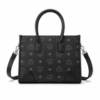 MCM München Visetos Small Tote Bag – Black Monogram, Leather Corners, 3-Way Wear
