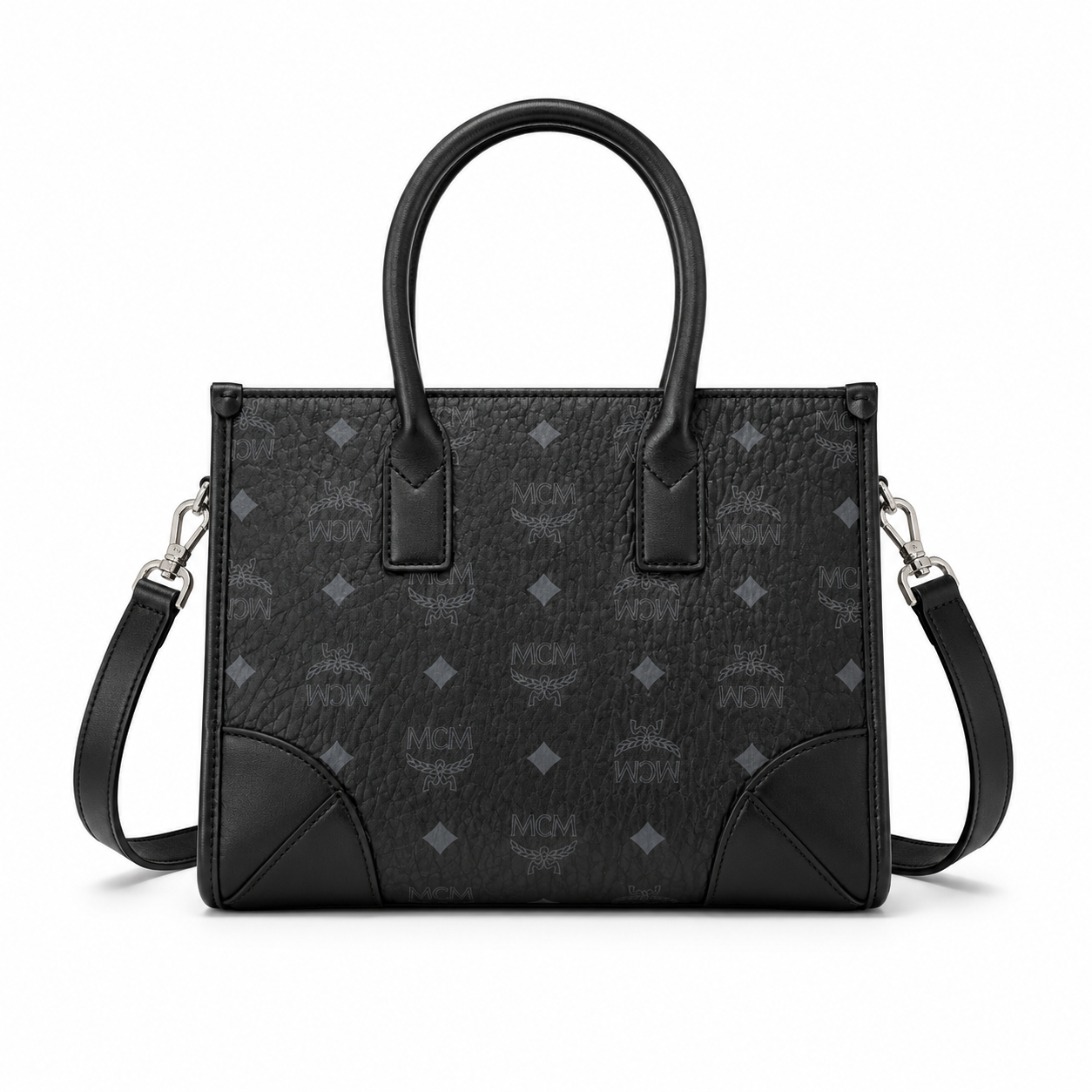 MCM München Visetos Small Tote Bag – Black Monogram, Leather Corners, 3-Way Wear
