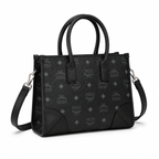 MCM München Visetos Small Tote Bag – Black Monogram, Leather Corners, 3-Way Wear