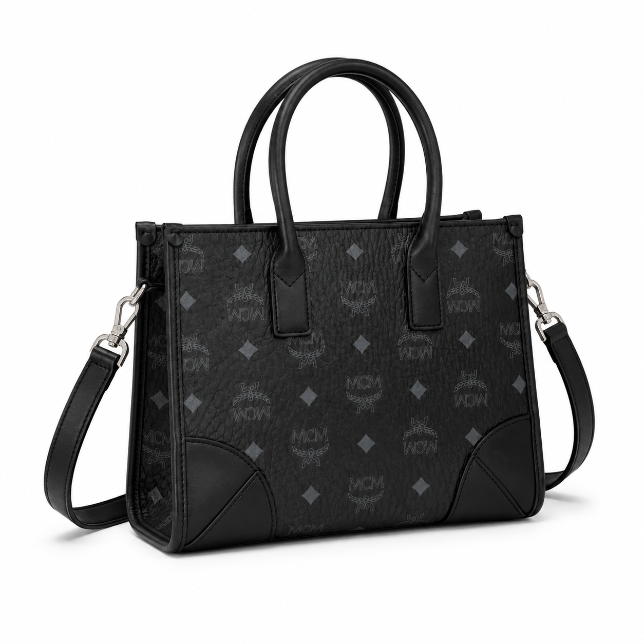 MCM München Visetos Small Tote Bag – Black Monogram, Leather Corners, 3-Way Wear