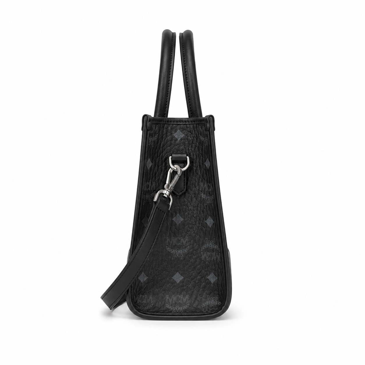 MCM München Visetos Small Tote Bag – Black Monogram, Leather Corners, 3-Way Wear