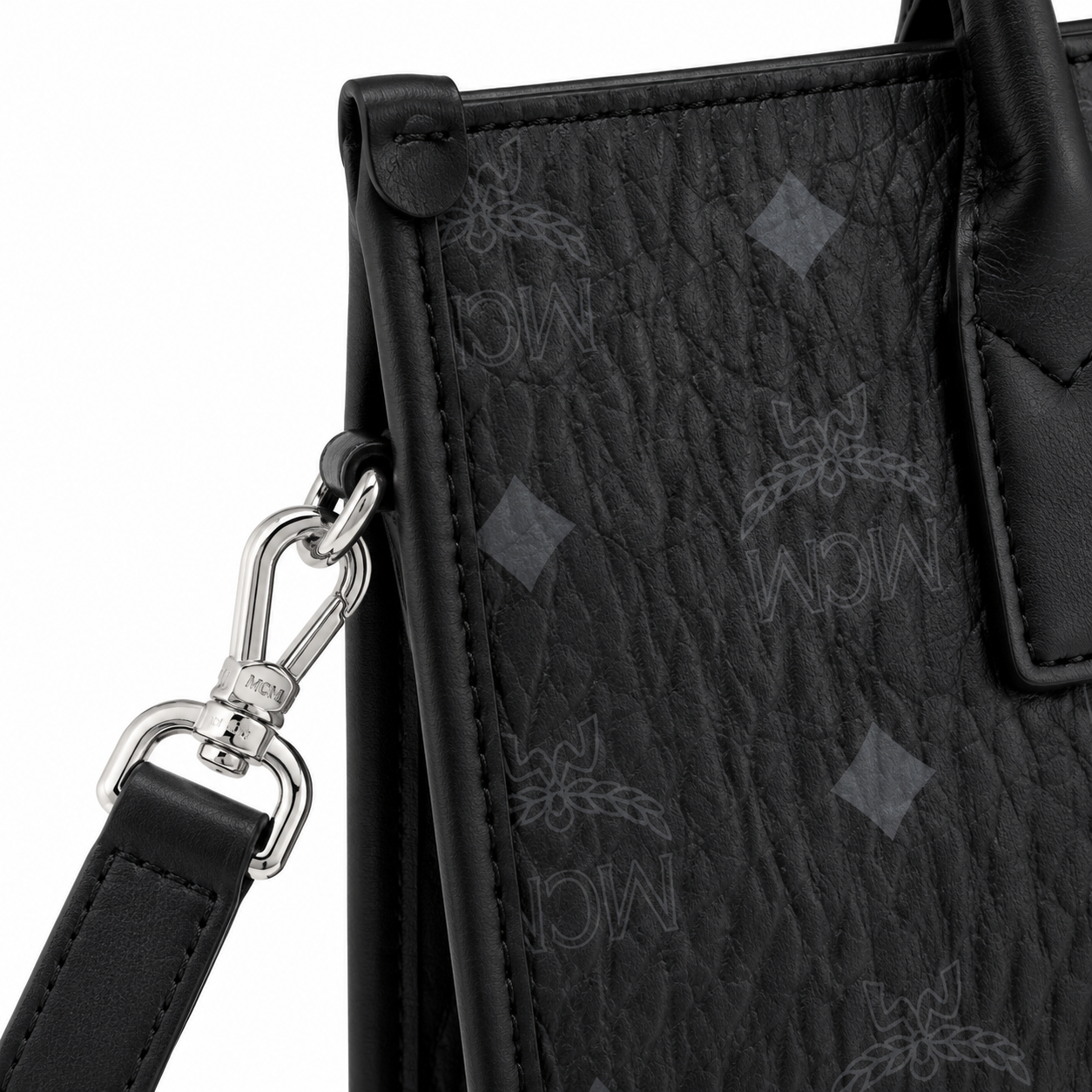 MCM München Visetos Small Tote Bag – Black Monogram, Leather Corners, 3-Way Wear