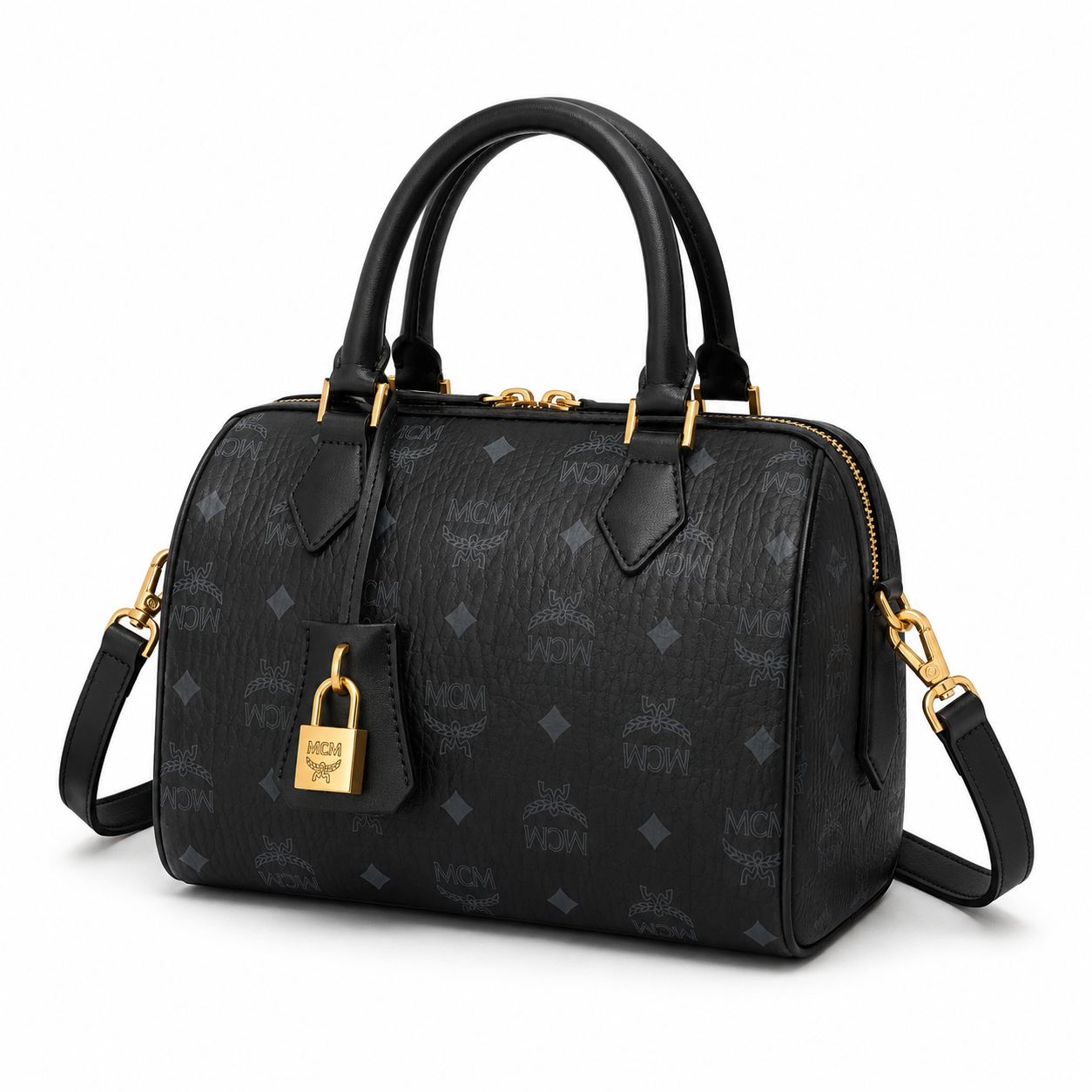 MCM Ella Boston Visetos Small Bag – Black Monogram, Gold Padlock, 3-Way Wear