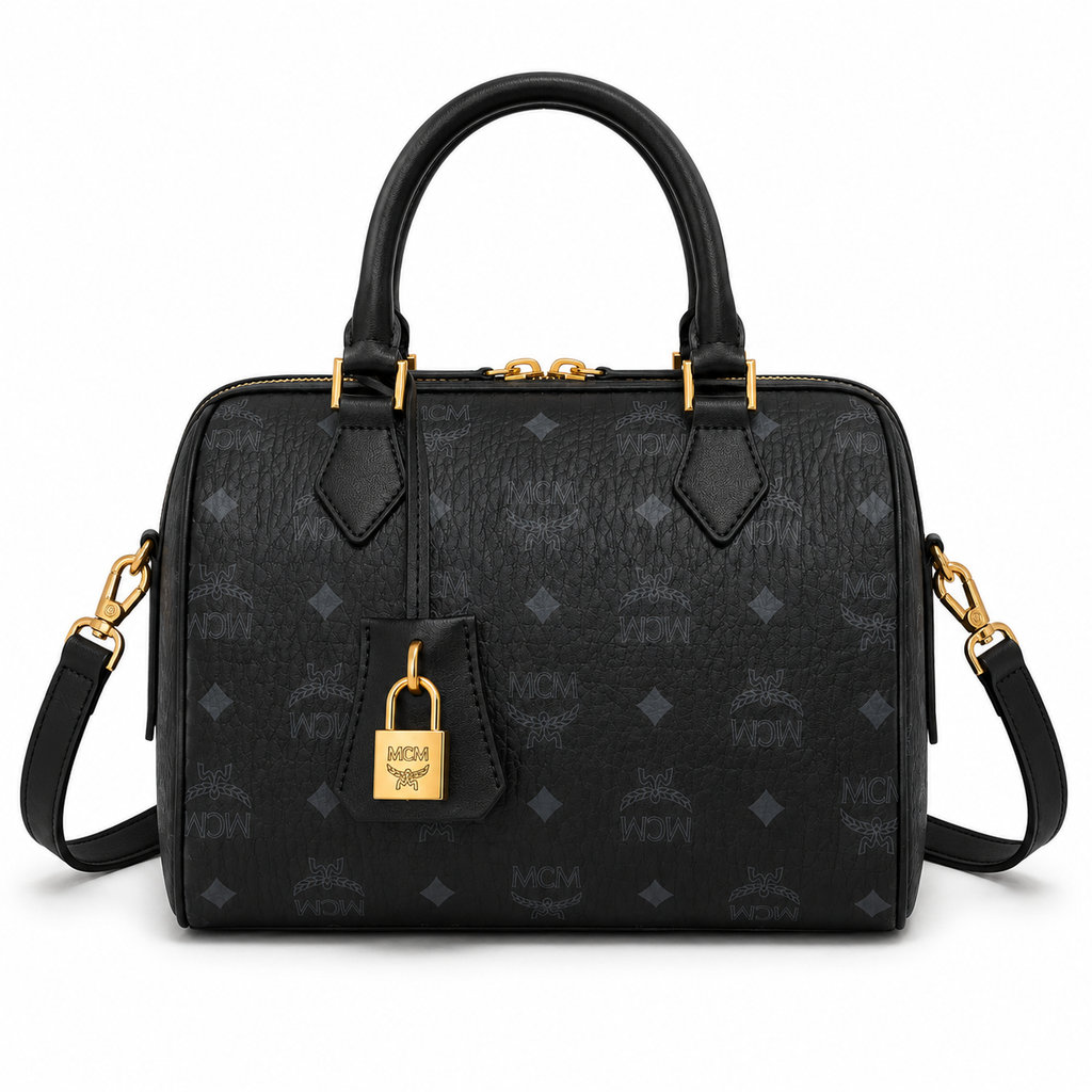 MCM Ella Boston Visetos Small Bag – Black Monogram, Gold Padlock, 3-Way Wear