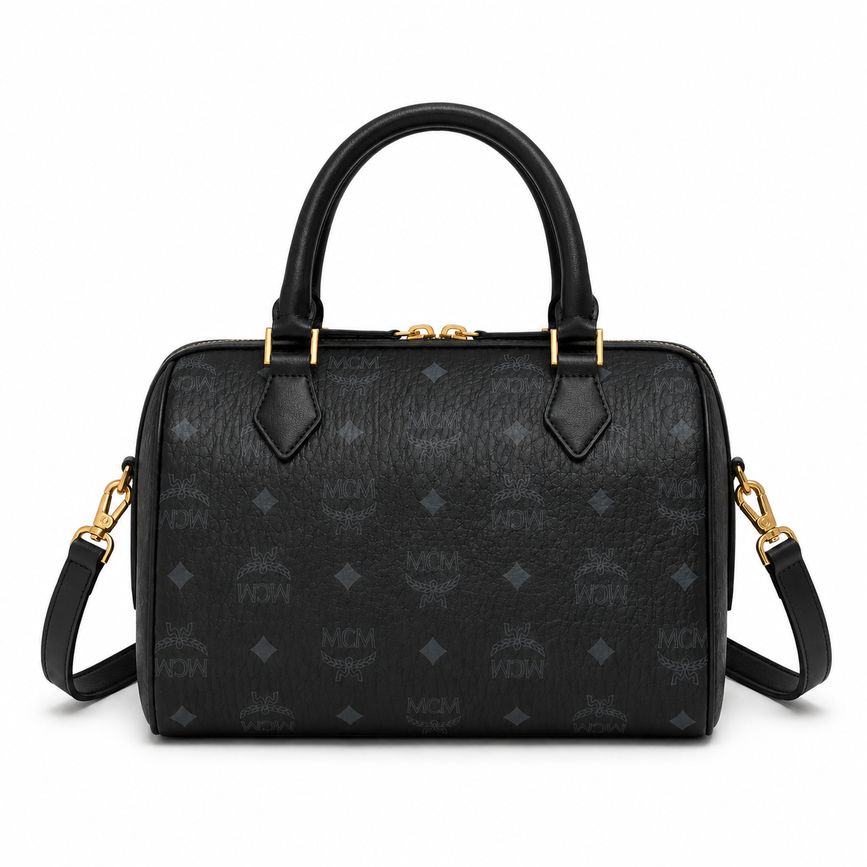 MCM Ella Boston Visetos Small Bag – Black Monogram, Gold Padlock, 3-Way Wear