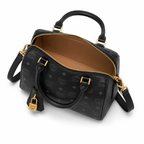 MCM Ella Boston Visetos Small Bag – Black Monogram, Gold Padlock, 3-Way Wear
