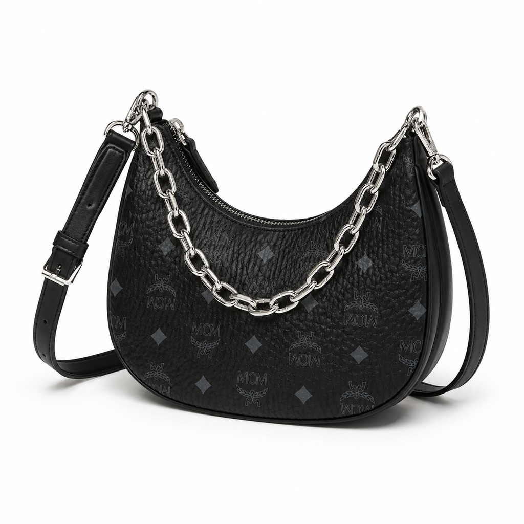 MCM Visetos Hobo Bag – Black Monogram, Silver Chain, Crescent Moon Crossbody