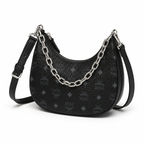 MCM Visetos Hobo Bag – Black Monogram, Silver Chain, Crescent Moon Crossbody