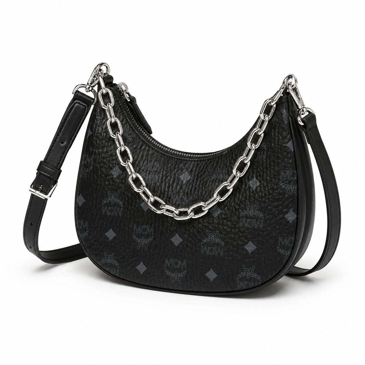 MCM Visetos Hobo Bag – Black Monogram, Silver Chain, Crescent Moon Crossbody