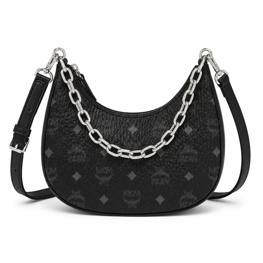 MCM Visetos Hobo Bag – Black Monogram, Silver Chain, Crescent Moon Crossbody
