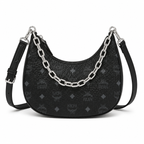 MCM Visetos Hobo Bag – Black Monogram, Silver Chain, Crescent Moon Crossbody