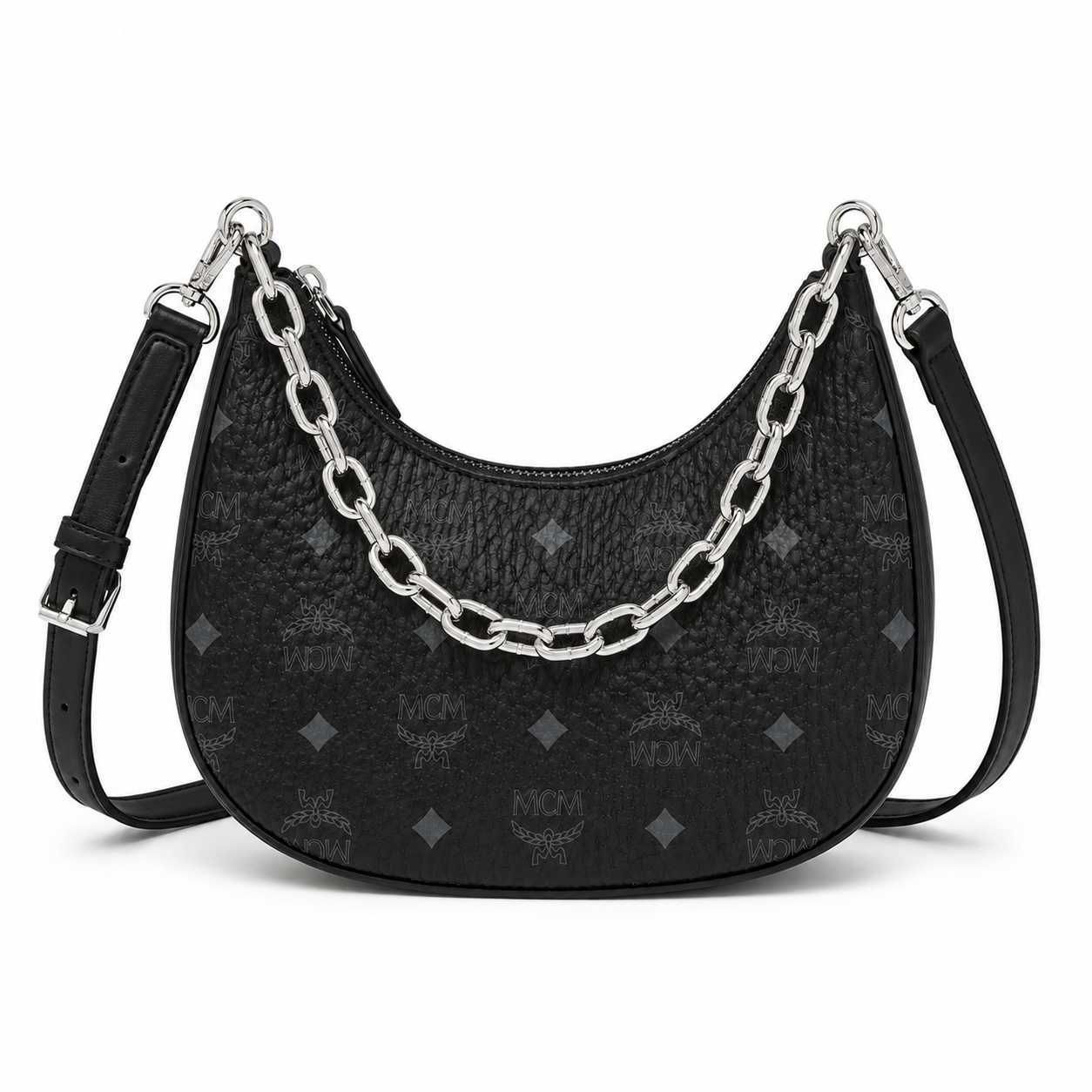 MCM Visetos Hobo Bag – Black Monogram, Silver Chain, Crescent Moon Crossbody
