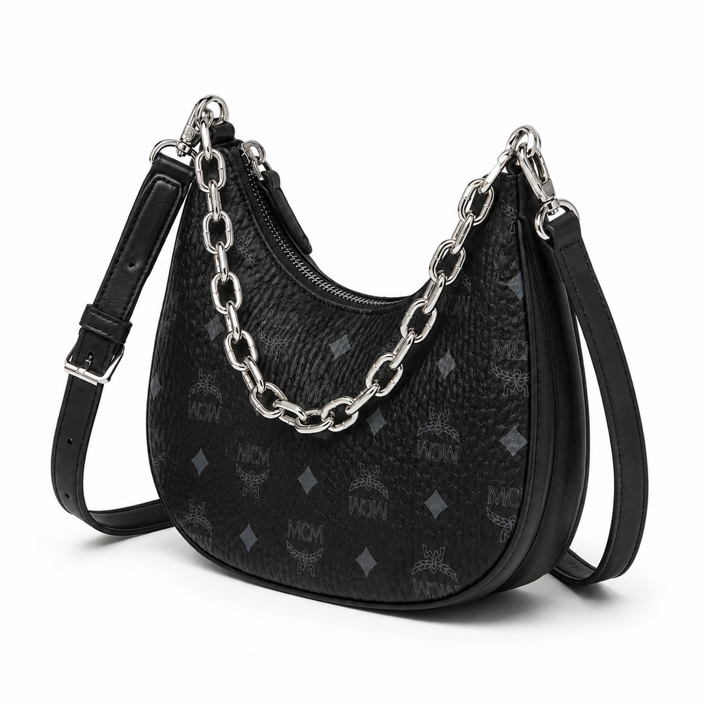 MCM Visetos Hobo Bag – Black Monogram, Silver Chain, Crescent Moon Crossbody