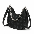 MCM Visetos Hobo Bag – Black Monogram, Silver Chain, Crescent Moon Crossbody