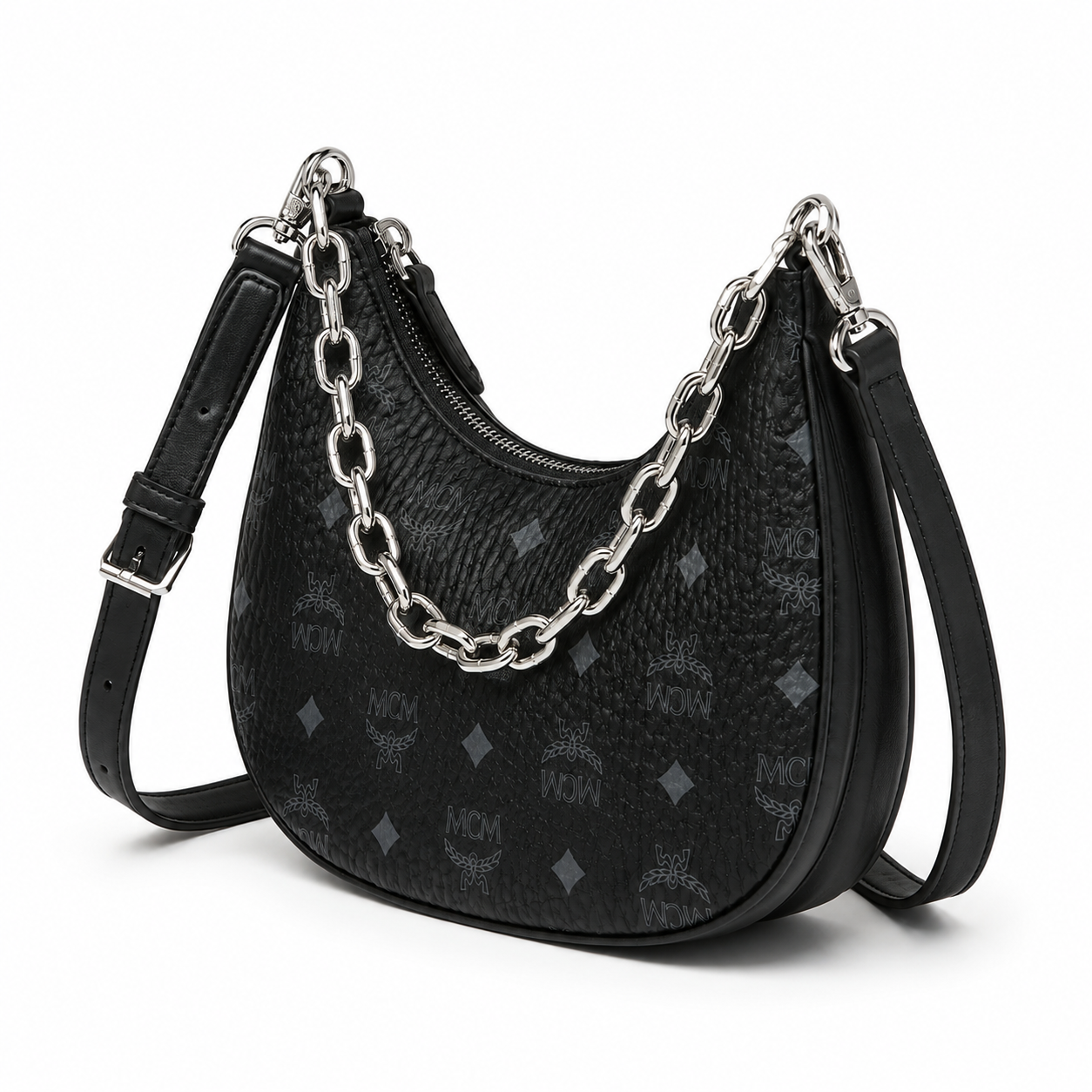 MCM Visetos Hobo Bag – Black Monogram, Silver Chain, Crescent Moon Crossbody