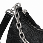 MCM Visetos Hobo Bag – Black Monogram, Silver Chain, Crescent Moon Crossbody