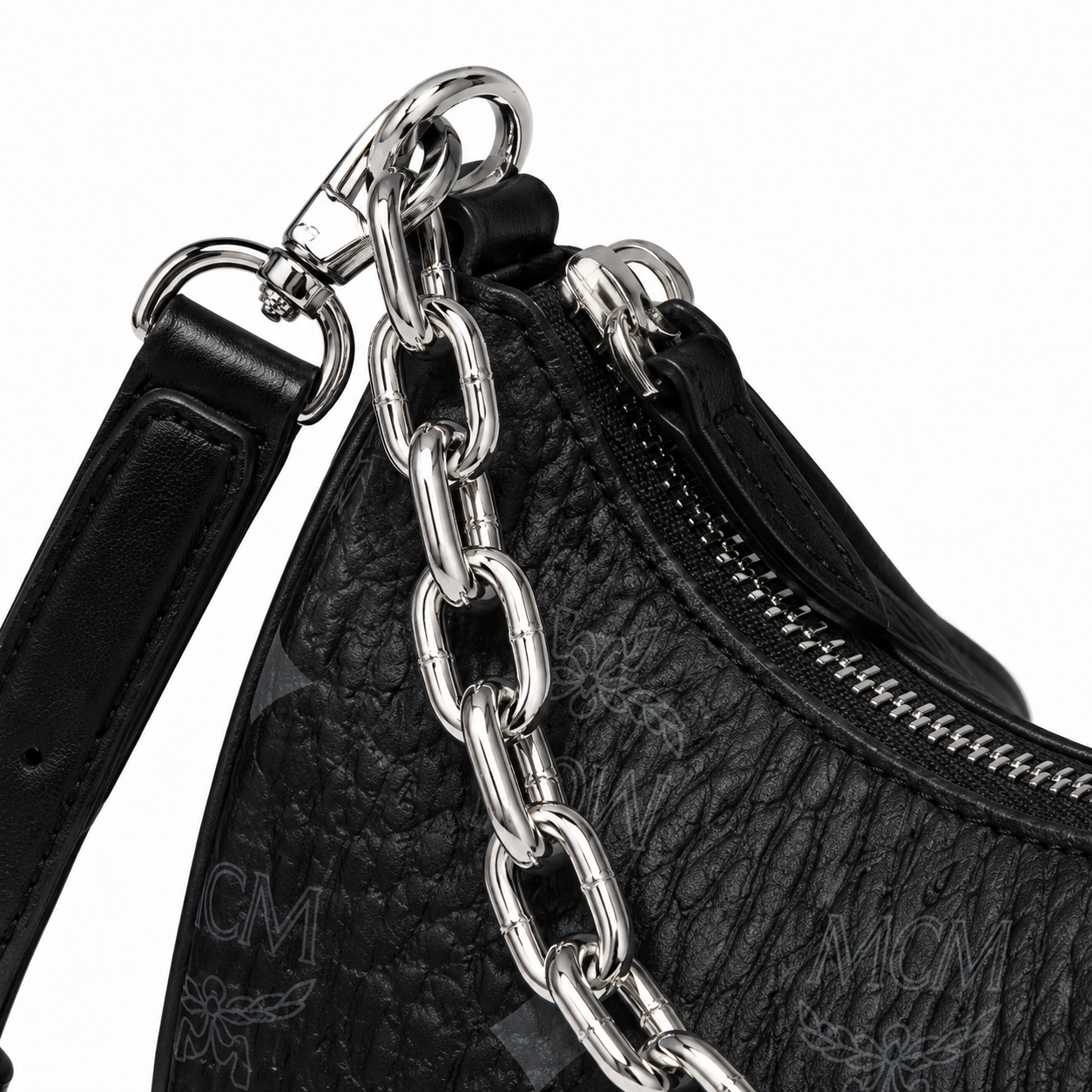 MCM Visetos Hobo Bag – Black Monogram, Silver Chain, Crescent Moon Crossbody