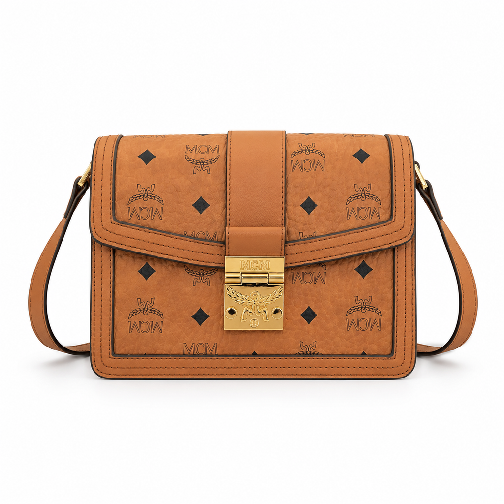 MCM Tracy Visetos Crossbody Bag – Cognac Monogram, Gold Push-Lock, Small