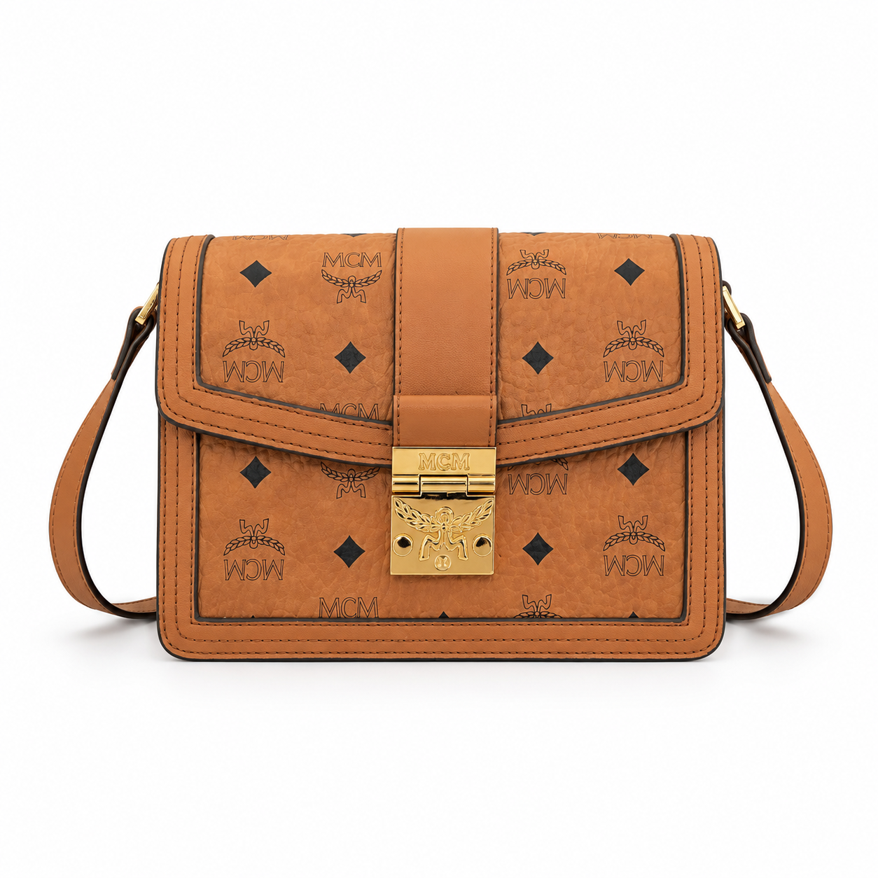 MCM Tracy Visetos Crossbody Bag – Cognac Monogram, Gold Push-Lock, Small