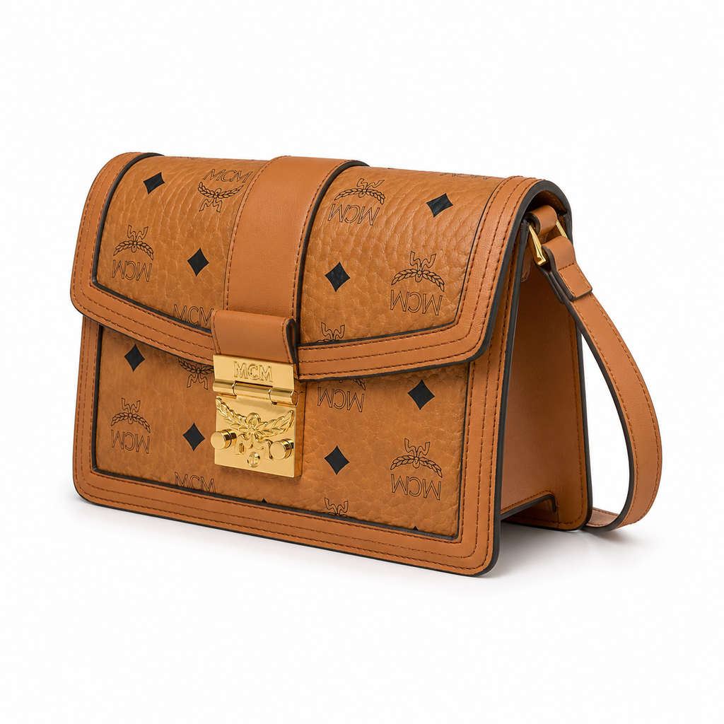 MCM Tracy Visetos Crossbody Bag – Cognac Monogram, Gold Push-Lock, Small