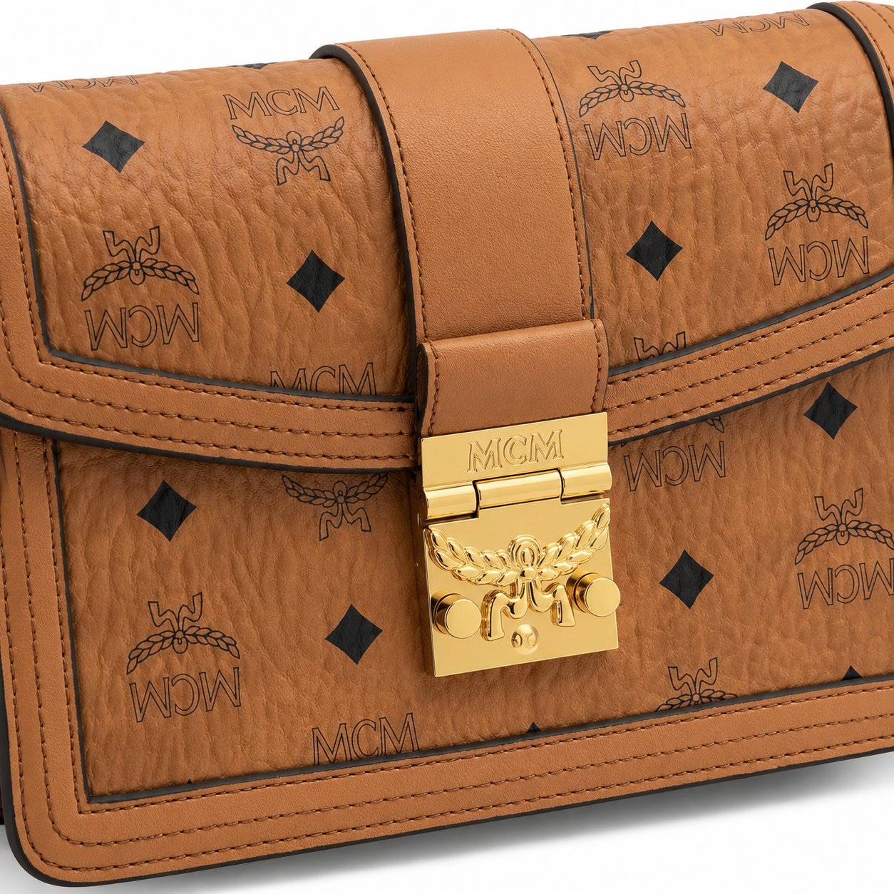 MCM Tracy Visetos Crossbody Bag – Cognac Monogram, Gold Push-Lock, Small
