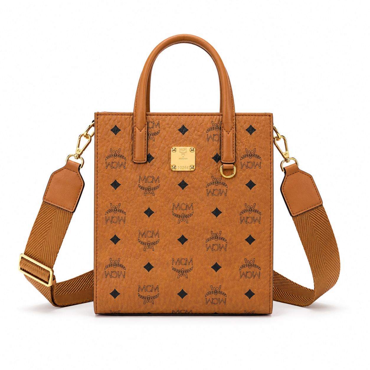 MCM Klassik Visetos Mini Tote – Cognac Monogram, Gold Plate, 3-Way Strap