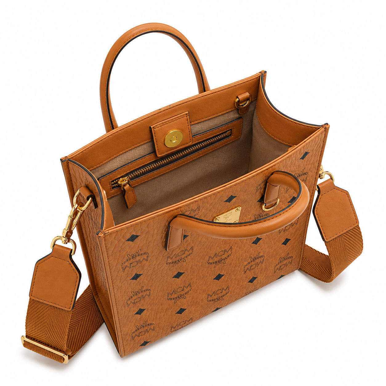 MCM Klassik Visetos Mini Tote – Cognac Monogram, Gold Plate, 3-Way Strap