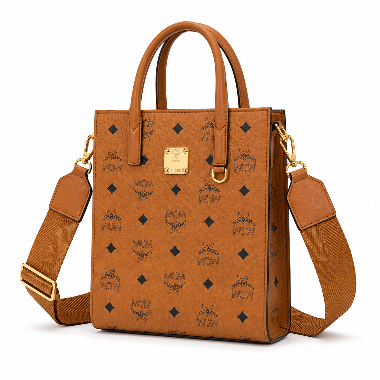MCM Klassik Visetos Mini Tote – Cognac Monogram, Gold Plate, 3-Way Strap