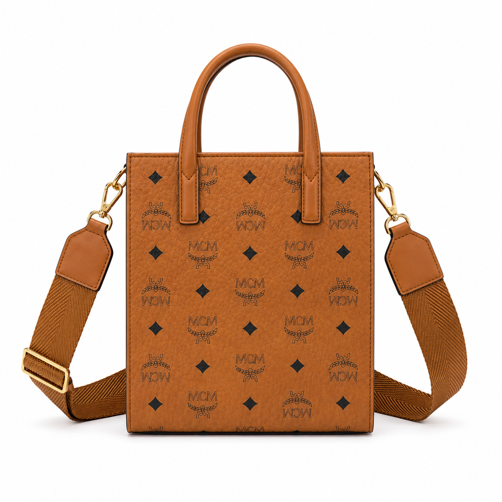 MCM Klassik Visetos Mini Tote – Cognac Monogram, Gold Plate, 3-Way Strap