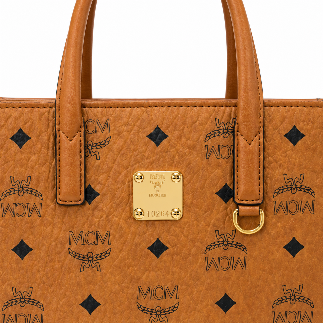 MCM Klassik Visetos Mini Tote – Cognac Monogram, Gold Plate, 3-Way Strap