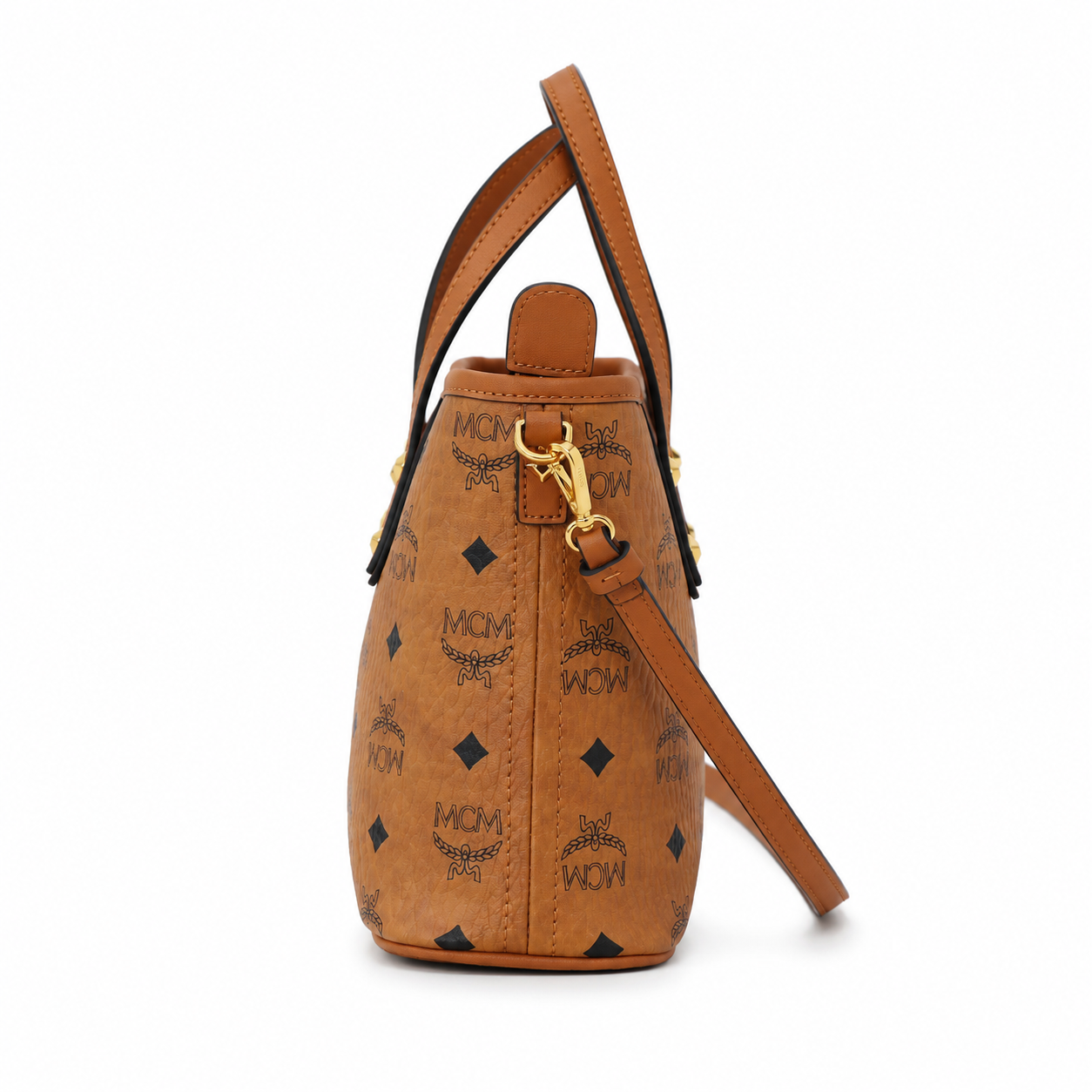 MCM Liz Reversible Visetos Mini Tote – Cognac Monogram, Gold Plate