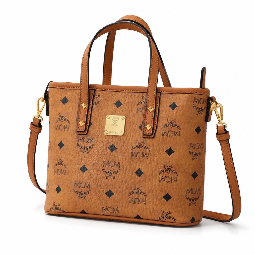 MCM Liz Reversible Visetos Mini Tote – Cognac Monogram, Gold Plate