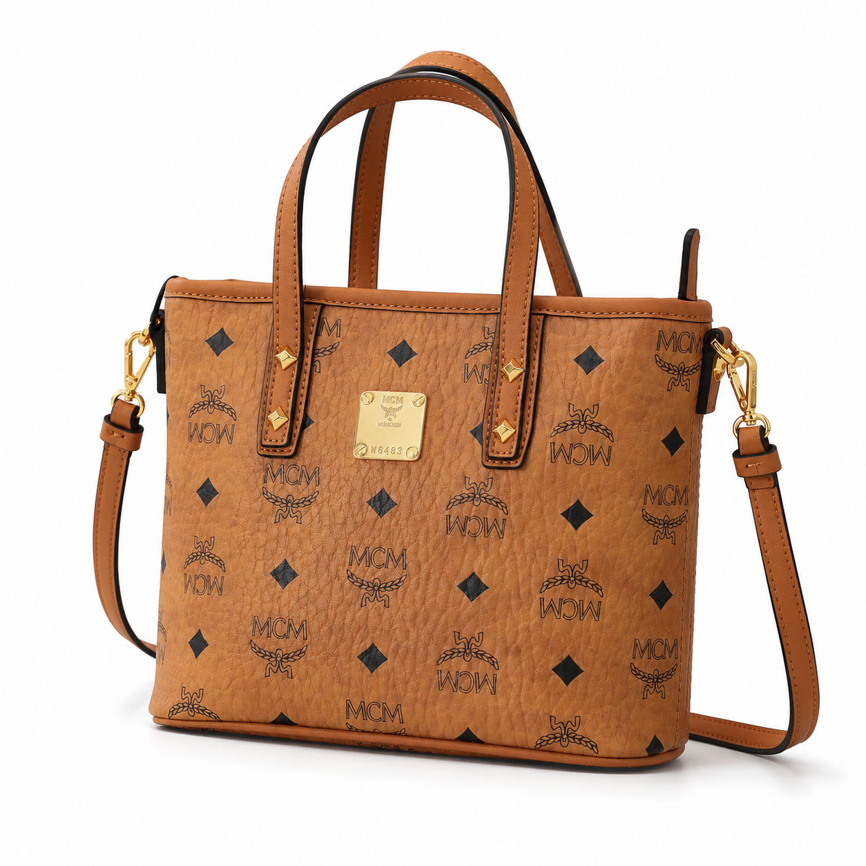 MCM Liz Reversible Visetos Mini Tote – Cognac Monogram, Gold Plate