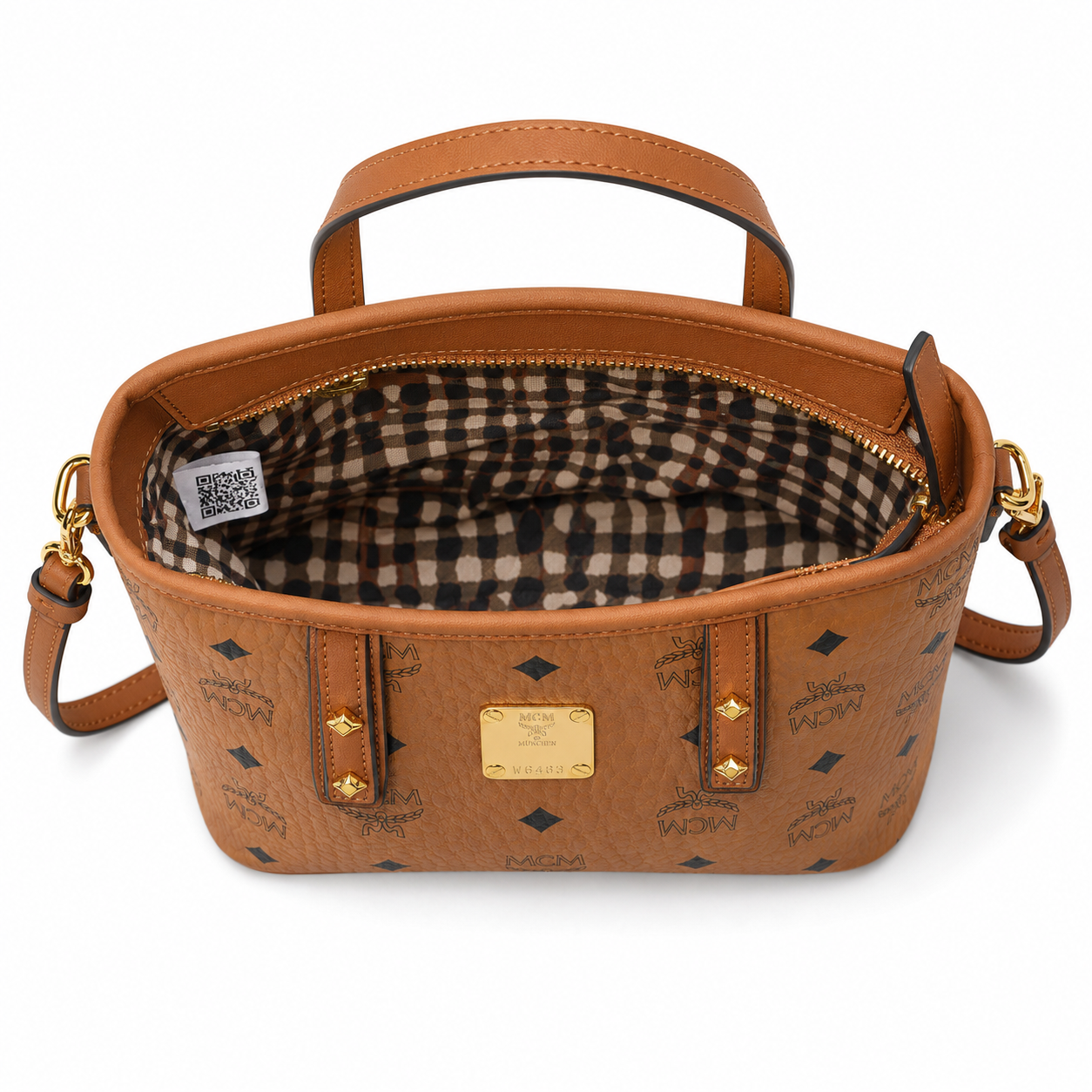 MCM Liz Reversible Visetos Mini Tote – Cognac Monogram, Gold Plate