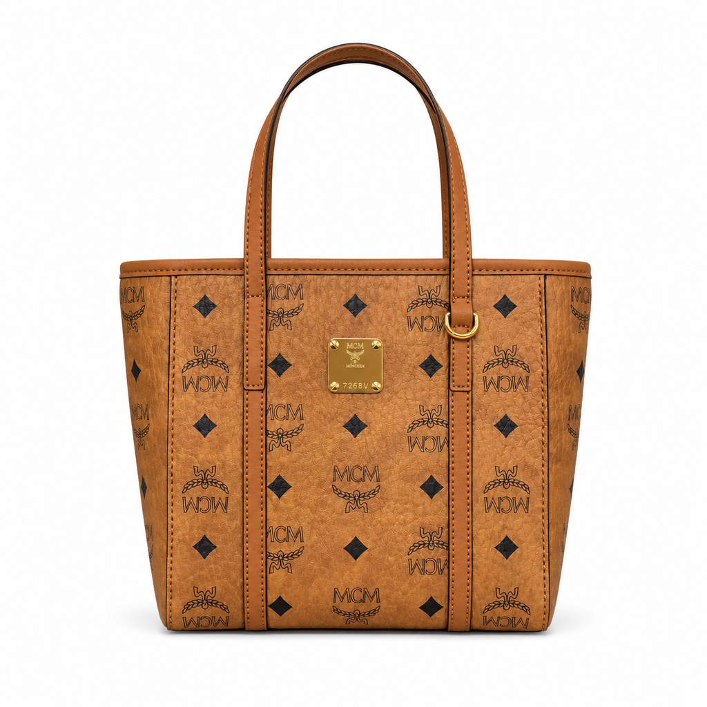 MCM Shopper Visetos Mini Tote – Cognac Monogram, Gold Plate, Structured Bag