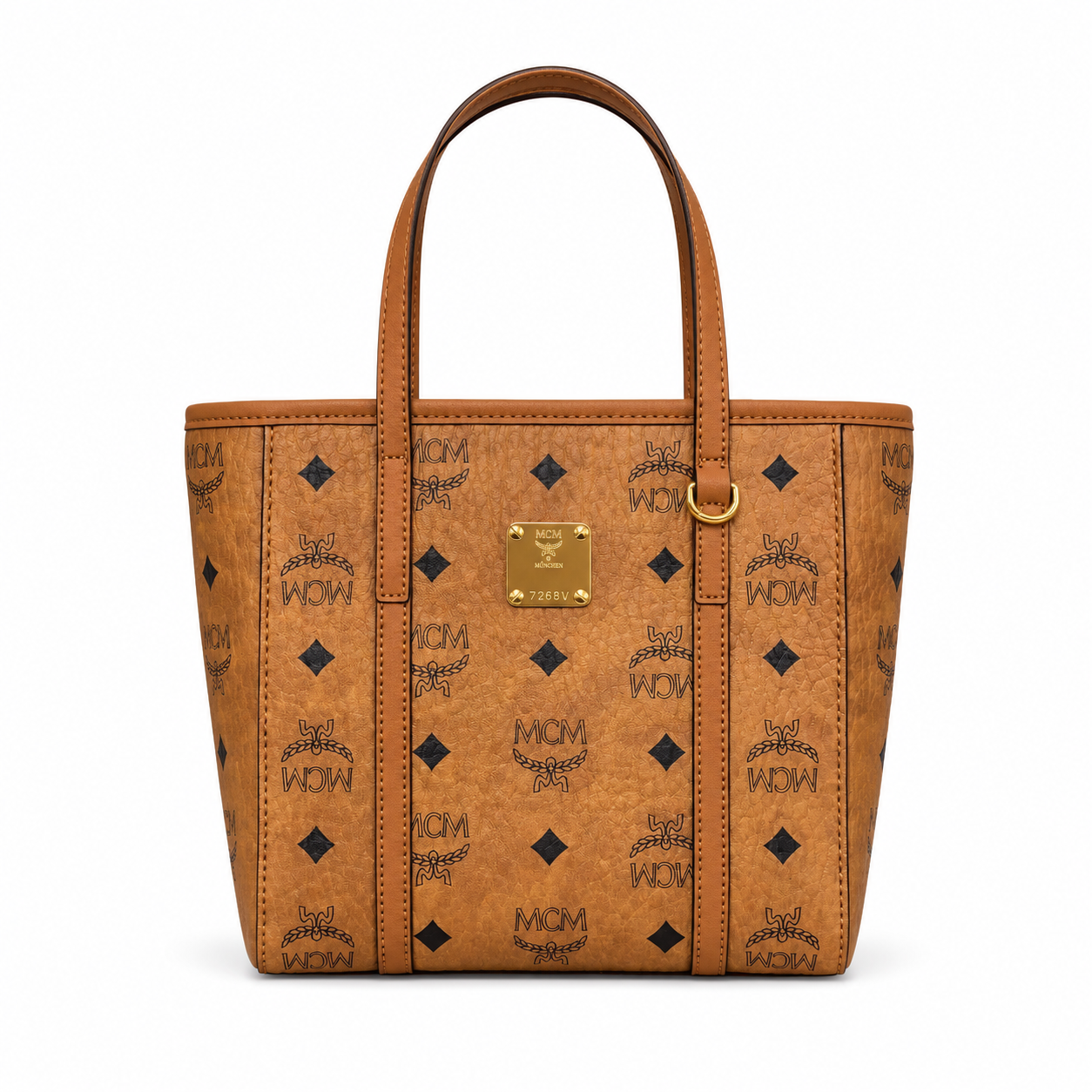 MCM Shopper Visetos Mini Tote – Cognac Monogram, Gold Plate, Structured Bag