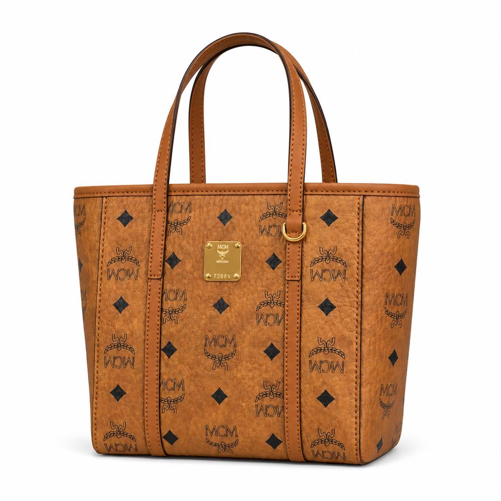 MCM Shopper Visetos Mini Tote – Cognac Monogram, Gold Plate, Structured Bag