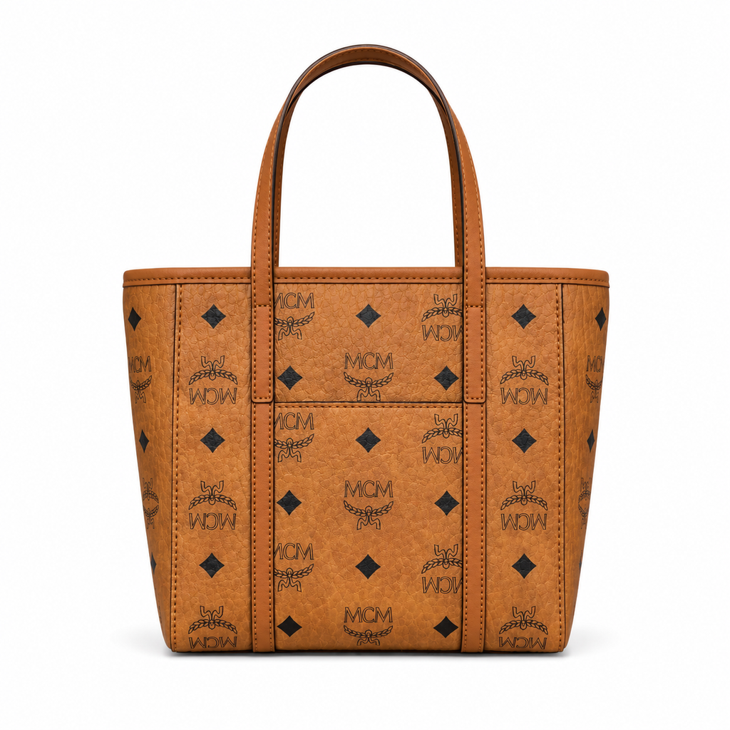MCM Shopper Visetos Mini Tote – Cognac Monogram, Gold Plate, Structured Bag