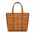 MCM Shopper Visetos Mini Tote – Cognac Monogram, Gold Plate, Structured Bag