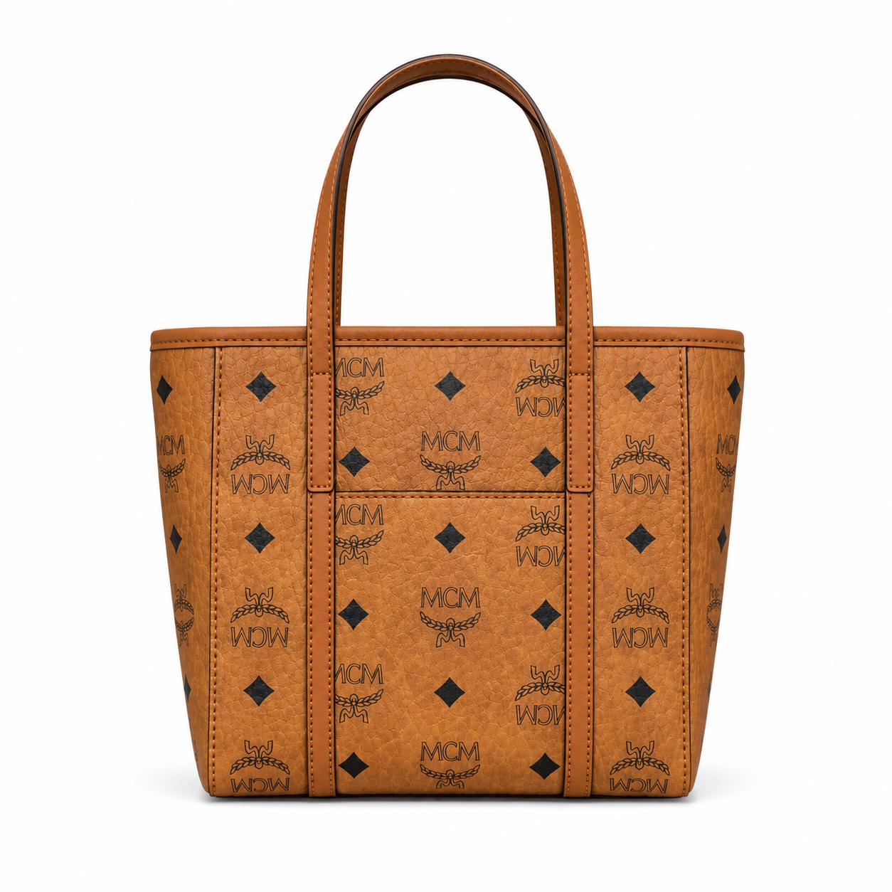MCM Shopper Visetos Mini Tote – Cognac Monogram, Gold Plate, Structured Bag
