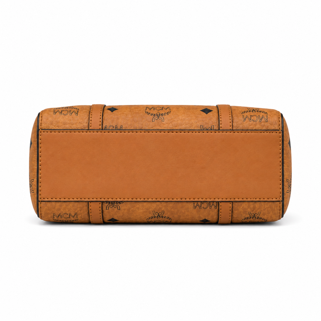 MCM Shopper Visetos Mini Tote – Cognac Monogram, Gold Plate, Structured Bag