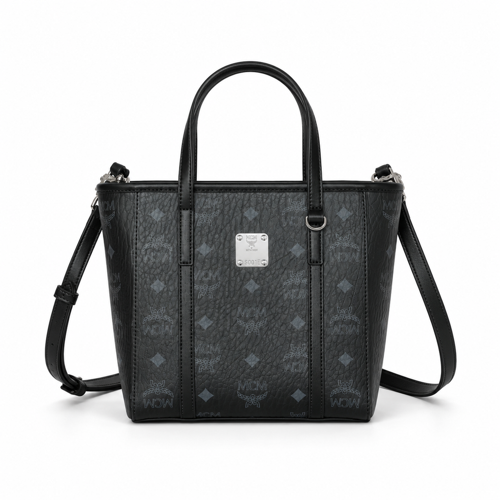 MCM Shopper Visetos Mini Tote – Black Monogram, Silver Plate, All Black