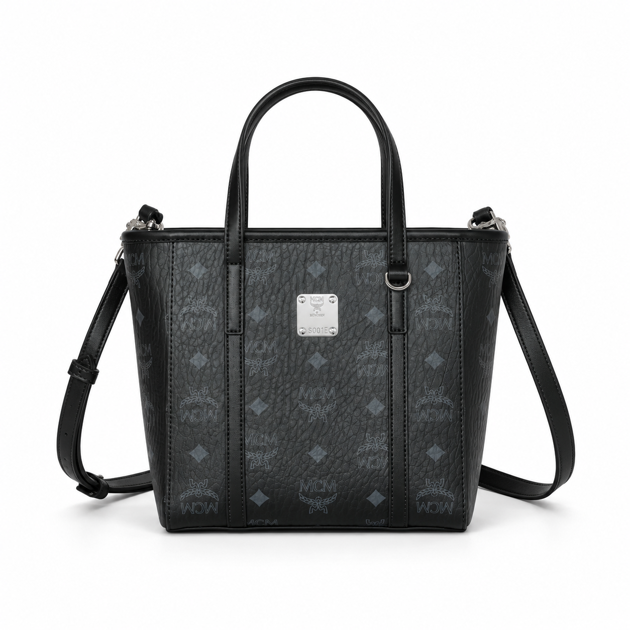 MCM Shopper Visetos Mini Tote – Black Monogram, Silver Plate, All Black
