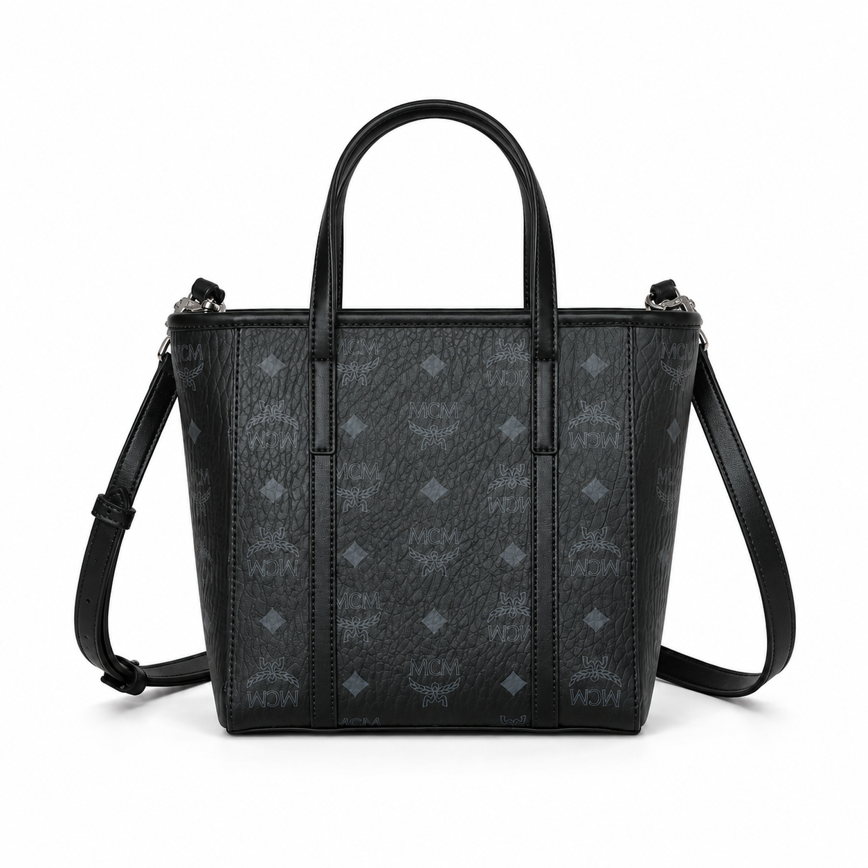 MCM Shopper Visetos Mini Tote – Black Monogram, Silver Plate, All Black