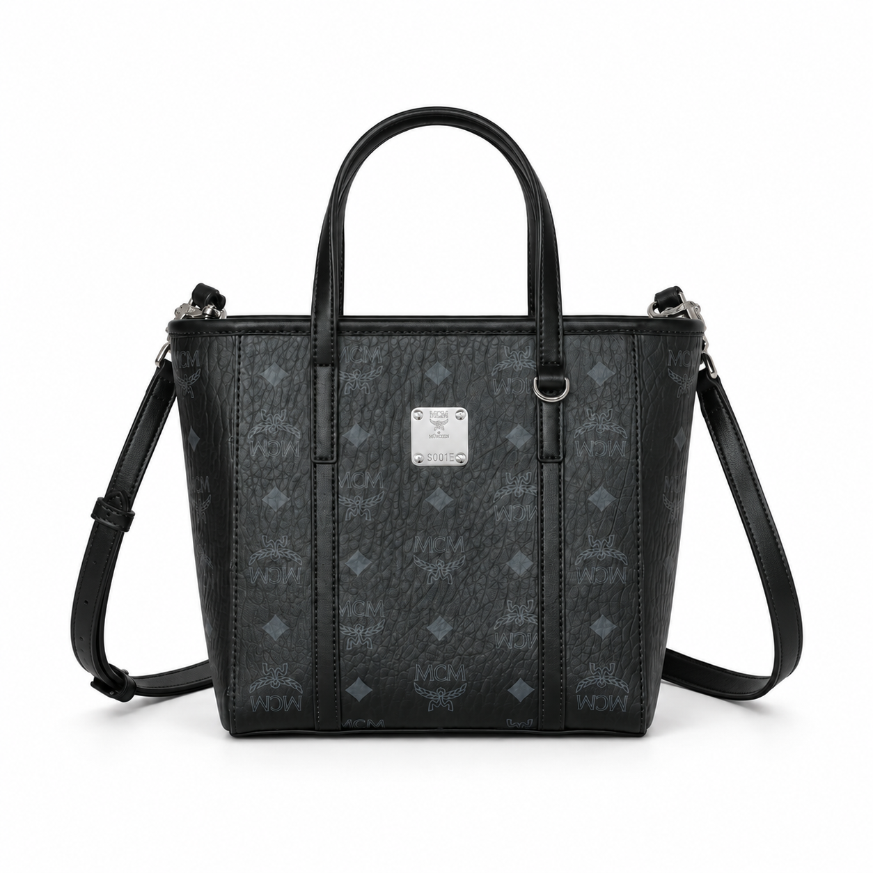 MCM Shopper Visetos Mini Tote – Black Monogram, Silver Plate, All Black