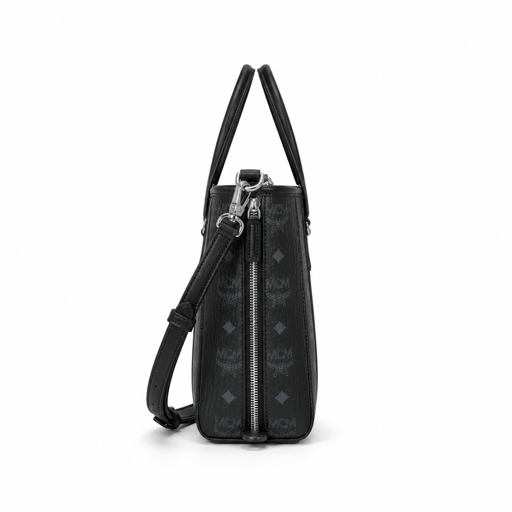 MCM Shopper Visetos Mini Tote – Black Monogram, Silver Plate, All Black