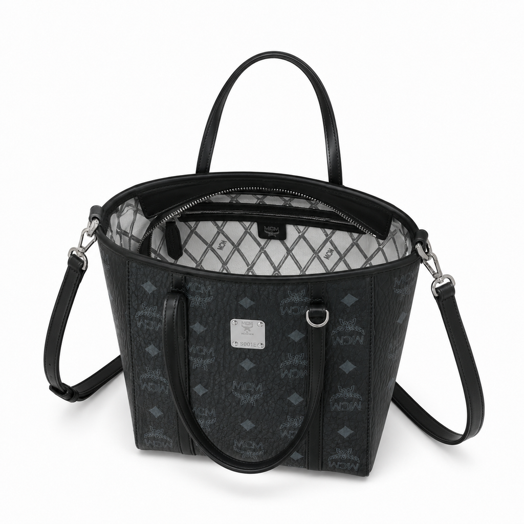 MCM Shopper Visetos Mini Tote – Black Monogram, Silver Plate, All Black