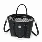 MCM Shopper Visetos Mini Tote – Black Monogram, Silver Plate, All Black