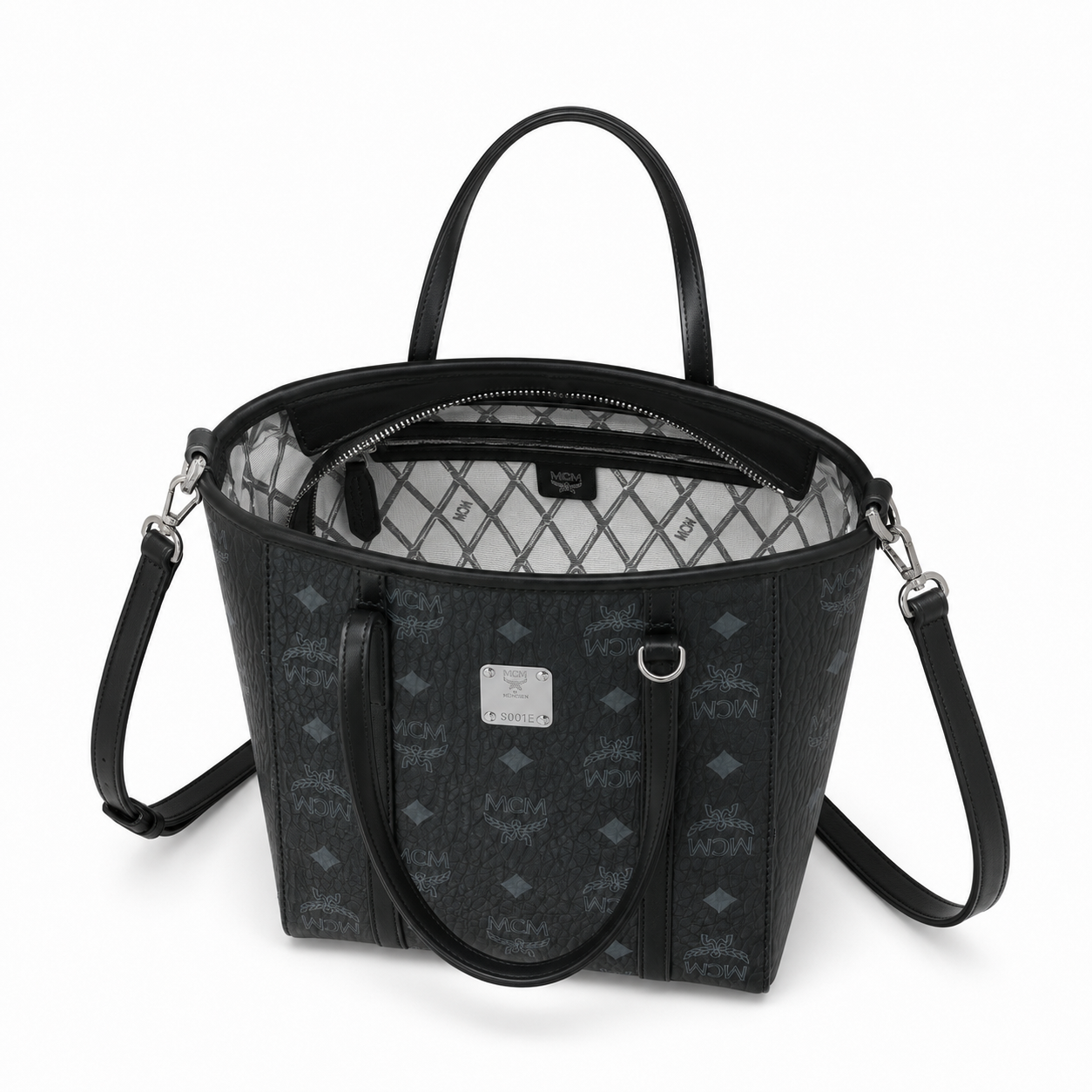 MCM Shopper Visetos Mini Tote – Black Monogram, Silver Plate, All Black