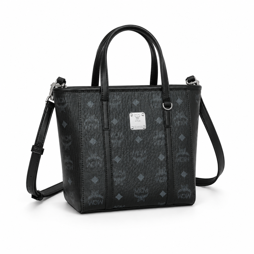 MCM Shopper Visetos Mini Tote – Black Monogram, Silver Plate, All Black